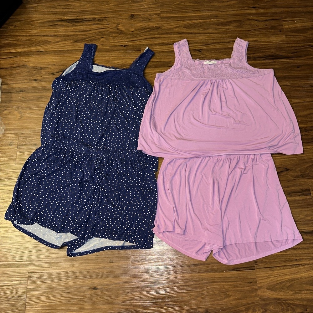 Dreams Co Summer Womens Pajama Set 1X 22 / 24 Blue Tank Shorts Embroidered Lace